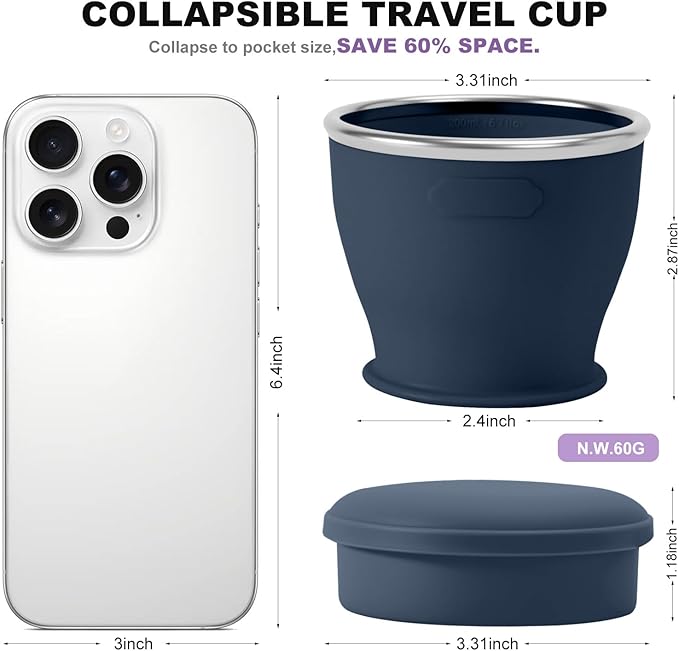 Collapsible Travel Cup, BPA-Free Reusable Water Cup, Lightweight Drinking Cups with Lids and Carrying Strap, Dishwasher Safe Silicone Cups for Camping, Travel, Airports, Hotel (6.7oz, Navy)