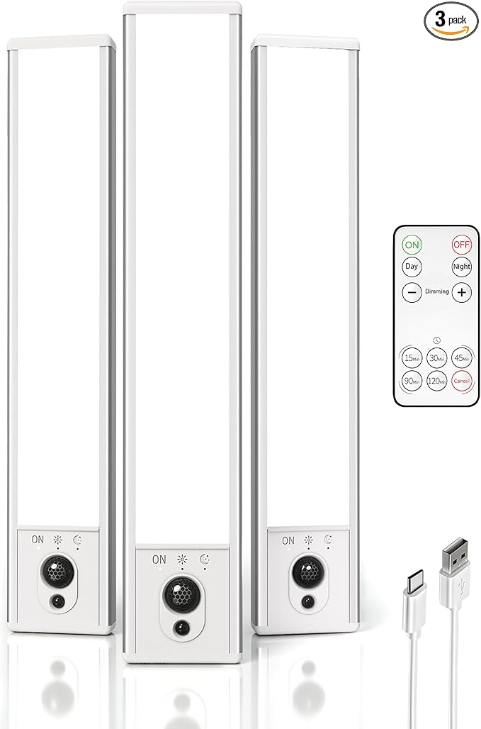 EZVALO 3-Pack Under Cabinet Lighting, 2400mAh Motion Sensor Light, LED Closet Lights Wireless, 6500K Dimmable, Timer, Magnetic, with Remote Control for Kitchen, Closet, Stair