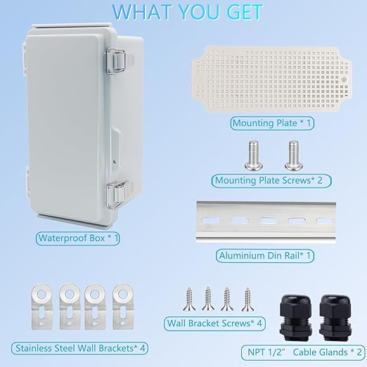 IP67 Waterproof Junction Box, ABS Plastic Electrical Enclosure with Stainless Steel Latch, Hinged Cover Electric Box with Mounting Plate, Wall Brackets & Cable Glands 200x100x110