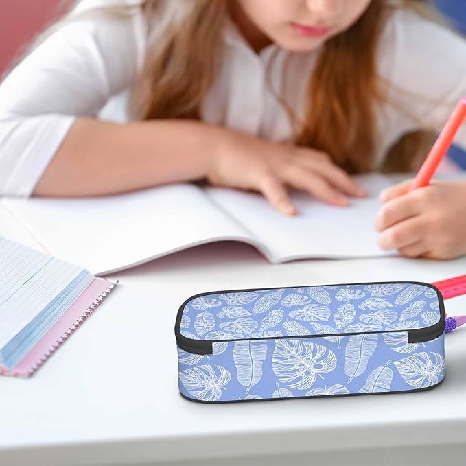 Blue Leaves Pencil Case Tropical Palm Summer Nature Tree Exotic Pencil Bag Pen Markers Pouch Holder Organizer for Boy Girl School Students