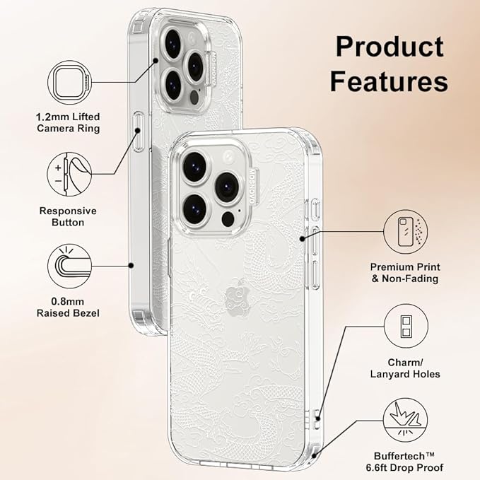 MOSNOVO Case for iPhone 15 Pro, [Buffertech 6.6ft Military-Grade Drop Protection] [Anti Peel Off Tech] Clear TPU Bumper Phone Case Cover Design - White Dragon