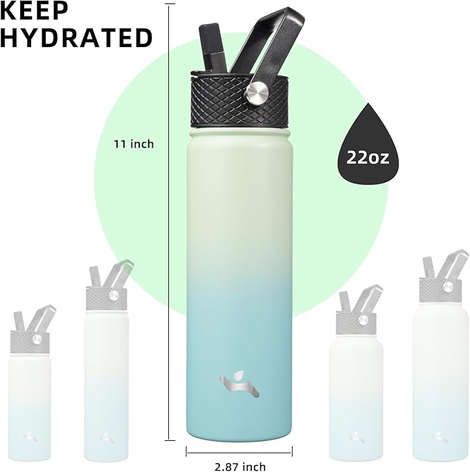 Konokyo 22oz Stainless Steel Bottles with 3 Lids Sport Insulated Water Bottle,Mint