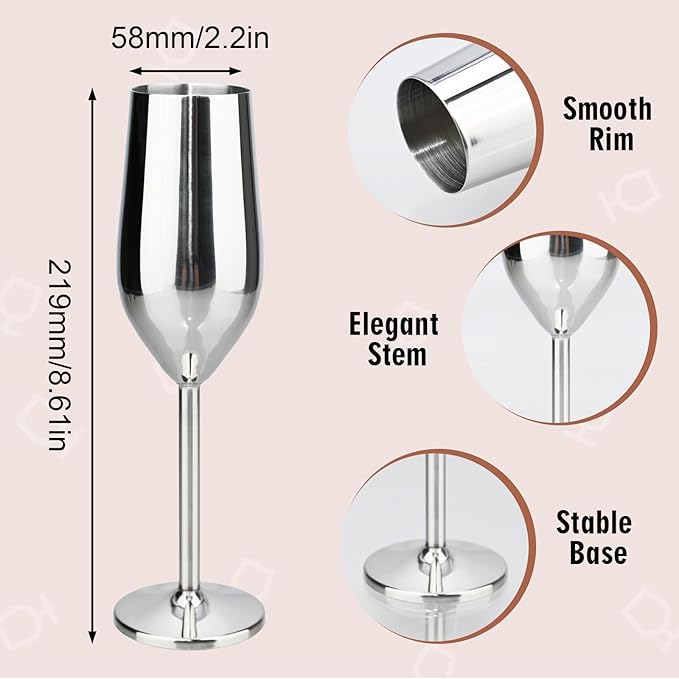 TJ Unbreakable 8 Oz Stainless Steel Champagne Flutes (2 Pack)- Silver Champagne Glasses - Reusable Indoor Outdoor Drinkware - Keeps Drink Cool for Longer - Gift Idea