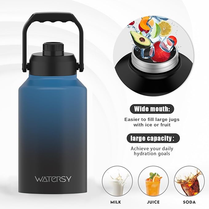 WATERSY 2/3 Gallon Water Bottle Insulated(Cold for 48 Hrs),BPA Free&Leak Proof,87oz Stainless Steel Water Jug/Flask,Big thermo,Large Water Bottle with Handle for Gym,Hiking,Camping,Gradient Blue