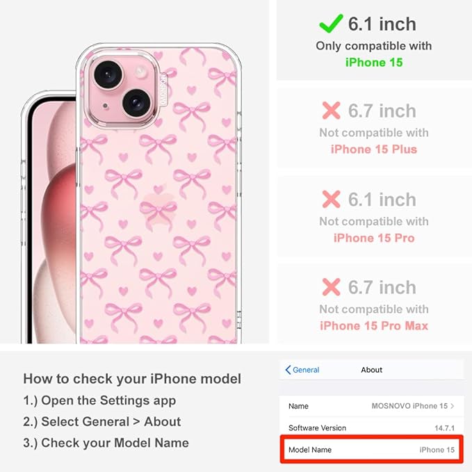 MOSNOVO Case for iPhone 15 Plus, [Buffertech 6.6ft Military-Grade Drop Protection] [Anti Peel Off Tech] Clear TPU Bumper Phone Case Cover Design - Bowtiful Love