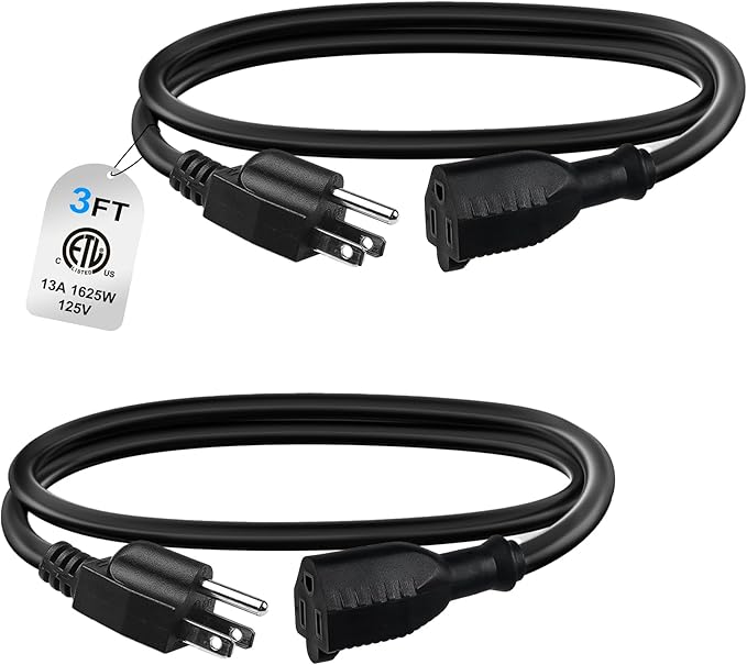 BN-LINK 3ft Indoor Outdoor Extension Cord 16/3 SJTW, 2 Pack, Black, PVC Cable Jacket, 3-Prong, Weather Resistant, Flame Retardant, Suitable for Indoor, Landscaping & Holiday Decorations, 13A ETL