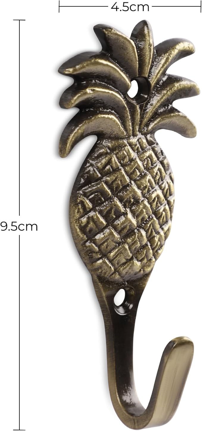 FAPBADRI Multipurpose Hooks, Used to Hang Clothes, Bags, Coats, Curtain Hold Backs, Keys, Colour - Antique Gold, Material - Brass, Pineapple Design, Screws and Wallplugs Included, Pack of 2 Pieces