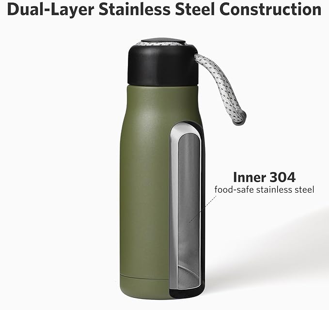 Small Water Bottle 12 oz, Dusgut Insulated Water Bottle, Stainless Steel, Wide Mouth Portable Lid, Army Green