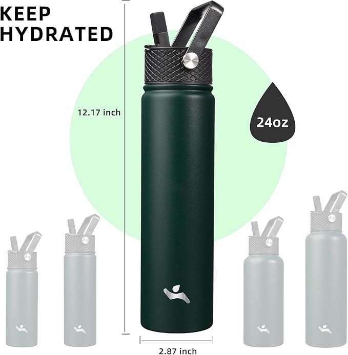 Konokyo Insulated Water Bottle 24oz Stainless Steel Sport Bottles with 3 Lids,Army Green