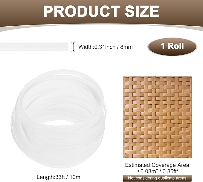 M METERXITY 1-Pack Wicker Repair Kit, 8mm x 33ft/10m Plastic Flat Rattan Replacement Supplies for Patio Furniture Repair/Basket Making/Chair Weaving, Synthetic Woven Rattan [White]