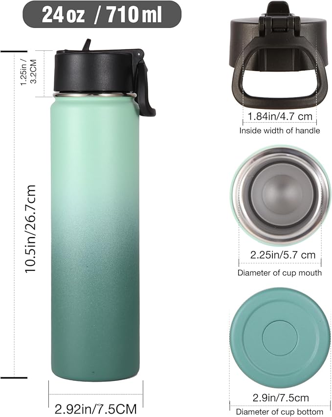 Volhoply 24oz Insulated Water Bottle With Straw Bulk 6 Pack,Metal Wide Mouth Water Bottles With Handle Lid Keep Cold,Reusable Double Wall Cups,Powder Coated Sport Bottle For Holder(Mojito,6 Count)