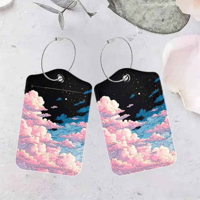 2Pcs Pink Clouds Luggage Tags for Suitcases, 2.83x4.53 Starry Sky ID Labels with Privacy Cover, Aesthetic Anime Bag Tags for Backpacks, Graduation Gift for Girls, Set of 2