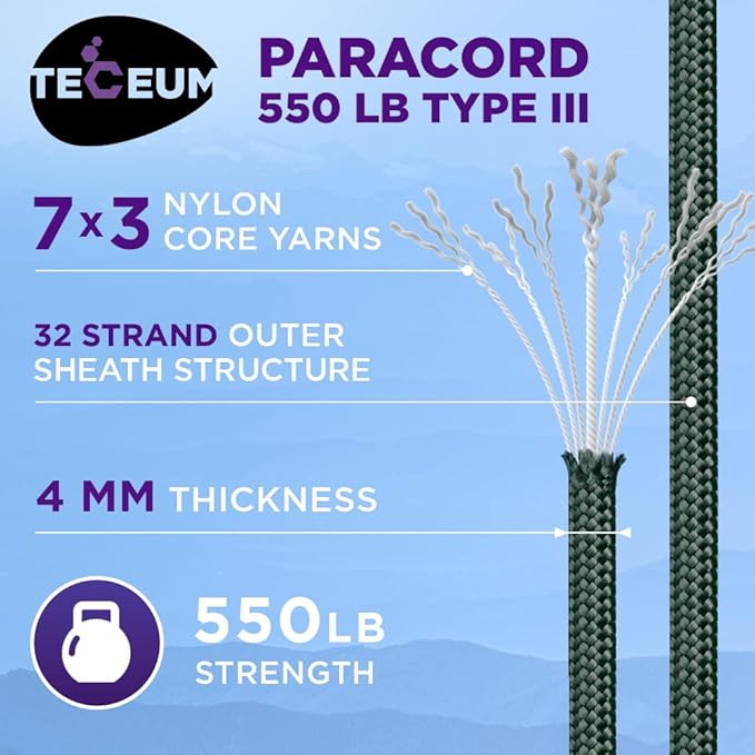 TECEUM Reflective Paracord Rope 1000 – 1000ft/200ft/100ft/50ft – 40+ Colors – Glow in The Dark – para Cord – Utility Rope for Survival, Hunting & Camping Gear – Nylon String, Camping Rope, Tent Cord