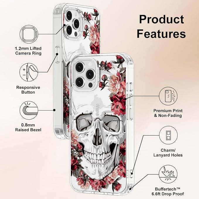 MOSNOVO Case for iPhone 12 & iPhone 12 Pro, [Buffertech 6.6ft Military-Grade Drop Protection] [Anti Peel Off Tech] Clear TPU Bumper Phone Case Cover Design - Red Flower Skull