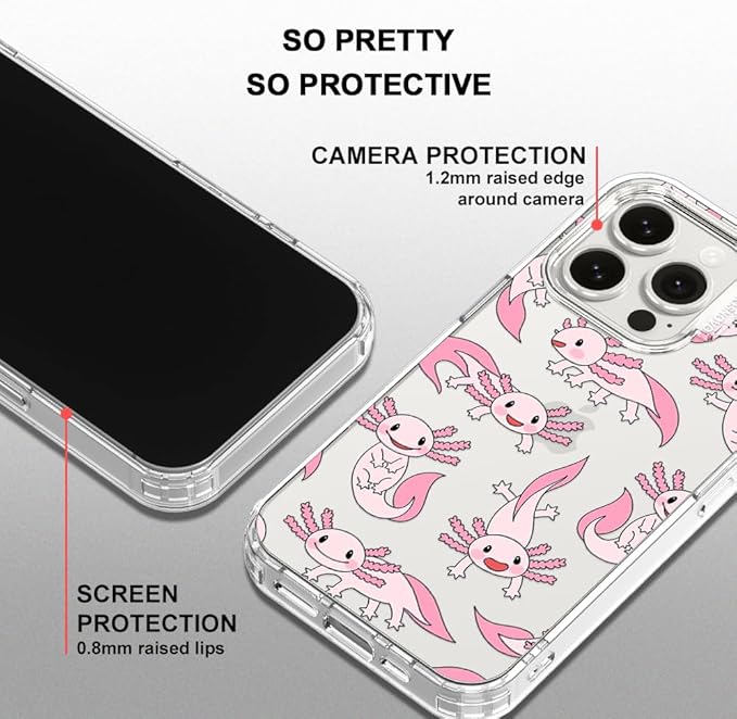 MOSNOVO Case for iPhone 15 Pro, [Buffertech 6.6ft Military-Grade Drop Protection] [Anti Peel Off Tech] Clear TPU Bumper Phone Case Cover Design - Pink Axolotl
