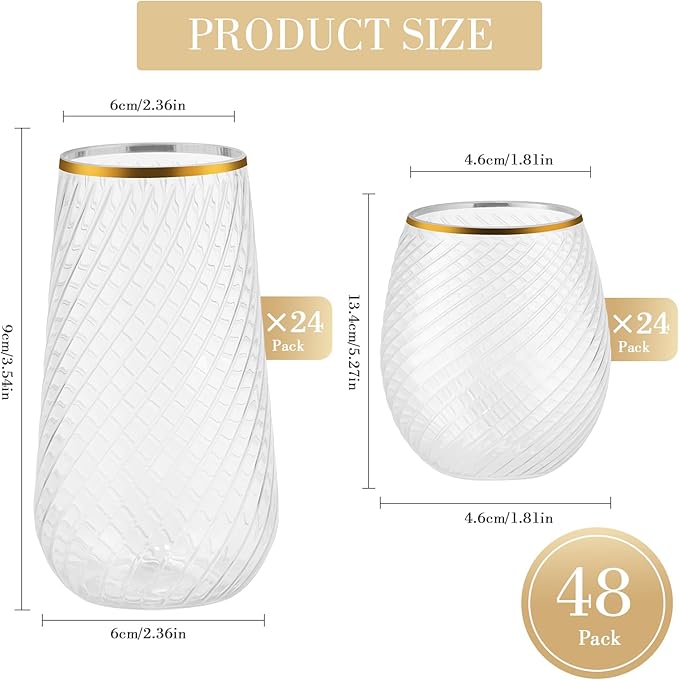 48 Pack Plastic Wine Glasses – 24 x 9oz Stemless Champagne Flutes & 24 x 12oz Disposable Wine Glasses – Plastic Cups with Gold Rim – BPA-Free Drinkware for Weddings, Parties (Gold Rim Hammered)