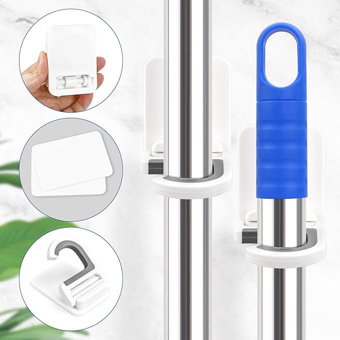 4 Pcs White Broom and Mop Holder Wall Mount Self-Adhesive Anti-Slip Gripper Cleaning Organizer Mop Handle Hanger Multi-Purpose Hook for Household, Home, Kitchen,Bathroom, Garden, Garage Storage