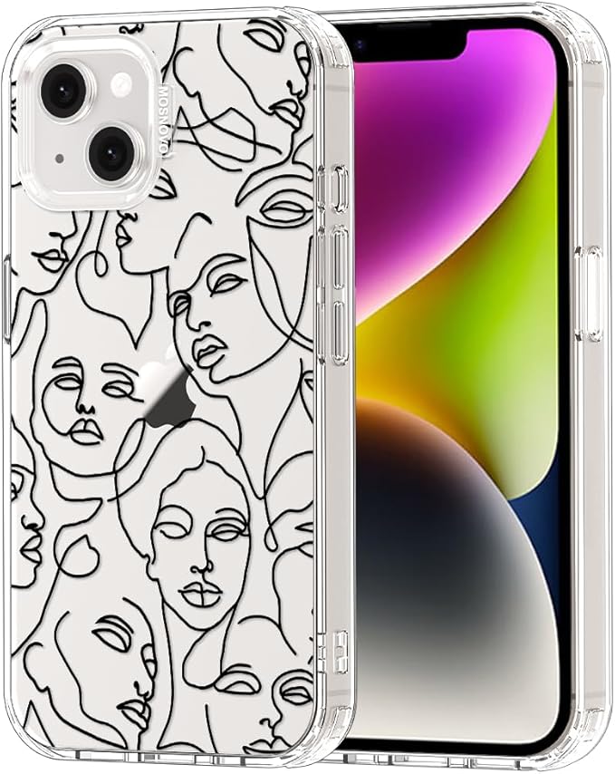 MOSNOVO for iPhone 13/14 Case | Military Grade 6.6ft Drop Tested | Clear with Abstract Face Line Art Design