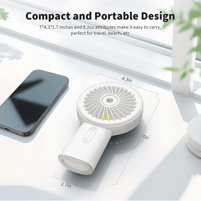 Otlonpe Handheld Misting Fan Portable, Small Personal Hand Held Rechargeable Mist Fan Water Spray, 4000mAh Battery Operated Hand Mister Fans 3-Speed, 4-15 Hrs Runtime for Travel Home Office Outdoor
