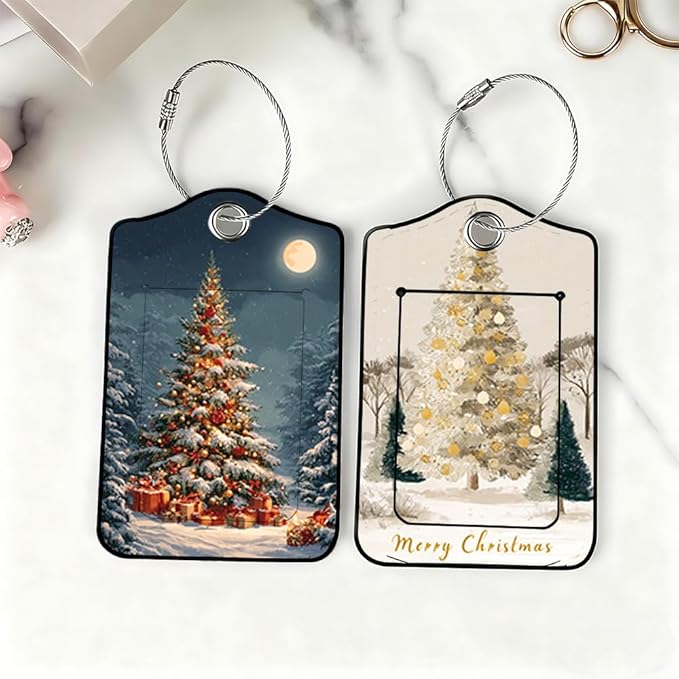 2 Pack Christmas Tree Luggage Tags for Suitcases, Festive Evergreen Travel ID Tags with Privacy Cover, PU Leather Bag Identifiers, Spring & Summer Vacation Essentials, Mother's Day
