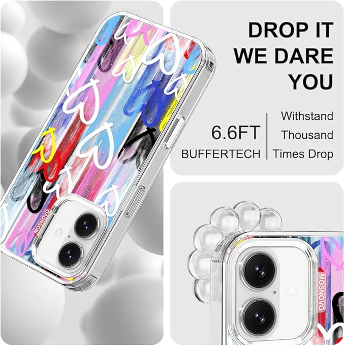 MOSNOVO for iPhone 17 Case, Shockproof Military-Grade Protection 6.6ft Drop Tested, Camera Control, Clear Phone Case for iPhone 17, Graffiti Hearts Design