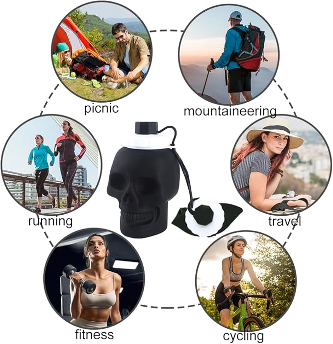 Collapsible Silicone Water Bottle 22oz/650ml, Skull Pattern Foldable Water Bottle, BPA-Free Leak-Proof Reusable Portable Drinking Bottle for Sports Travel Camping Outdoor, Black