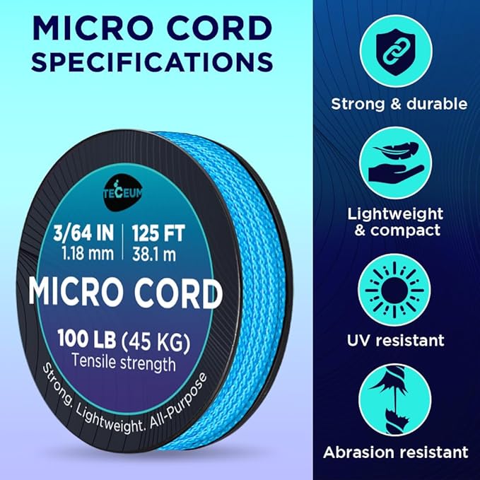 TECEUM Micro Paracord – 1.18 mm X 125 ft – Micro Utility Cord – Thin Braided Paracord Rope – Best for Crafting, DIY Projects, Fishing, Camping – Wind Chime Replacement – Survival Strong String