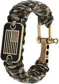 Patriotic Paracord Survival Bracelet for Men - Bronze US Flag Pendant Tactical Gear with Multi-Tool Functions, Adjustable Size (12-25cm), Green Camo Gold Thread Design