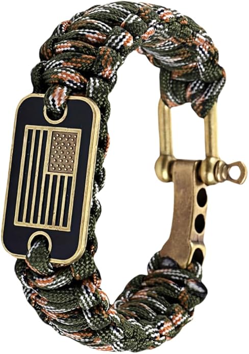 Patriotic Paracord Survival Bracelet for Men - Bronze US Flag Pendant Tactical Gear with Multi-Tool Functions, Adjustable Size (12-25cm), Green Camo Gold Thread Design