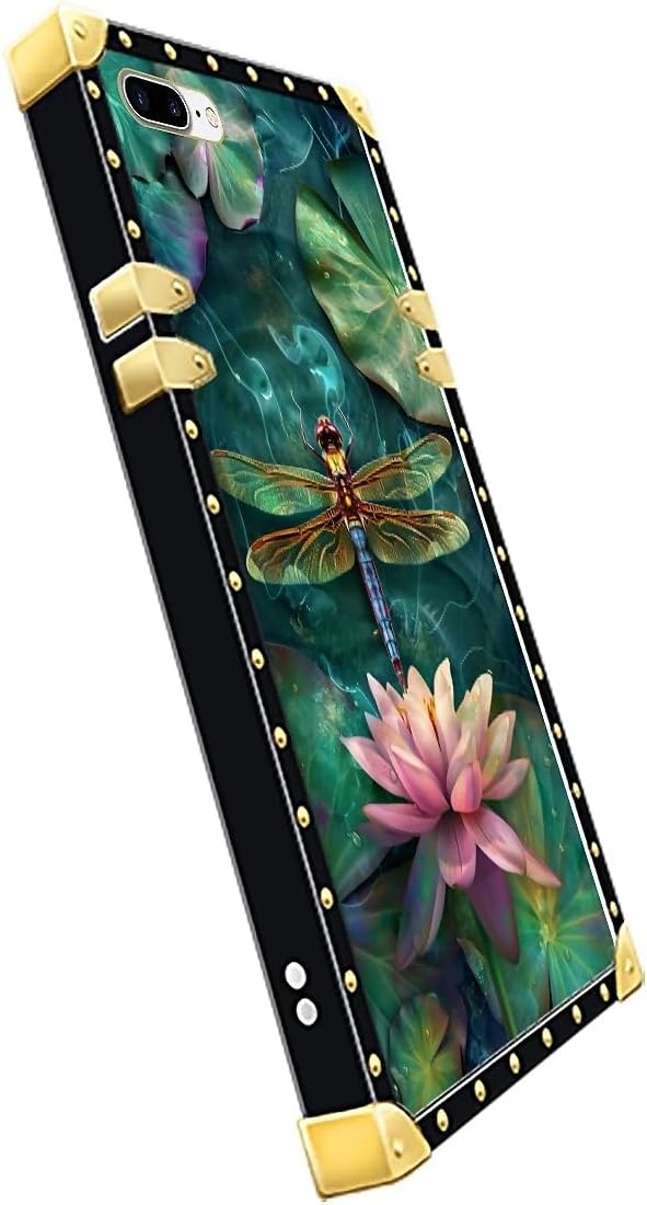 Compatible with iPhone 8 Plus 7 Plus Case, Colourful Dragonfly Pink Lily Pads Luxury Golden Decoration for Girl Women Soft TPU Shockproof Protective Hard PC Back
