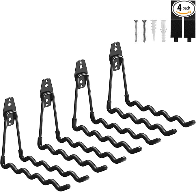 Garage Hooks Heavy Duty, 4 Pack Wave Steel Garage Storage Hooks with Anti-Slip Coating, Multi-Purpose Ladder Hooks for Hanging Garden Tools, Hoses, Bikes and Folding Chairs (Black)