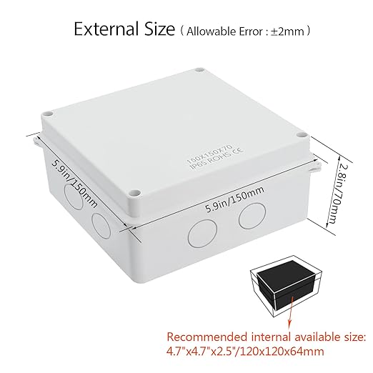 LeMotech Junction Box, Electrical Box IP65 Water Resistant Dustproof ABS Plastic Project Enclosure for Electronics White 5.9 x 5.9 x 2.8 inch