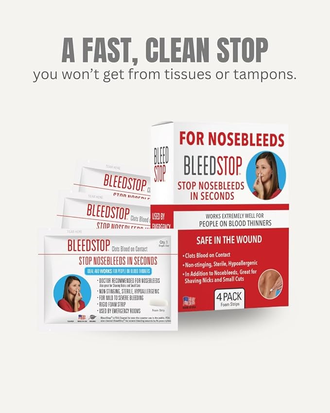 BleedStop™ Nosebleed Strips – Fast Acting Blood Coagulant Foam Inserts – Helps Clot Blood on Contact – Non-Stinging Sterile Hypoallergenic for Mild to Heavy Nosebleeds