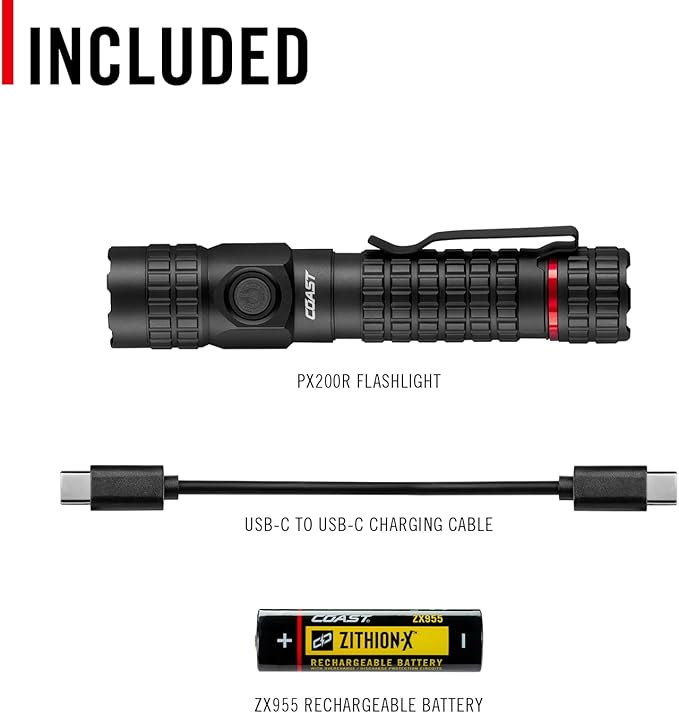 Coast PX200R 2000 Lumen Rechargeable LED Flashlight, Twist Focus, USB-C, 2-Position Pocket Clip