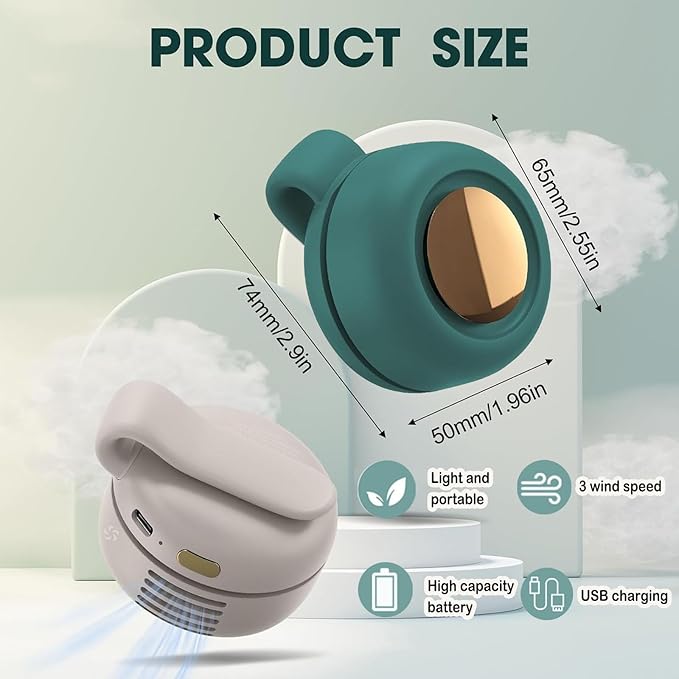 Portable Silent Mini Bladeless Fan Clip On,Small Clip Fan, Adjustable 3 Speeds Suspended, Waist Fans forclip onfan for shirt Suitable for Outdoor & Travel & Office (Green)