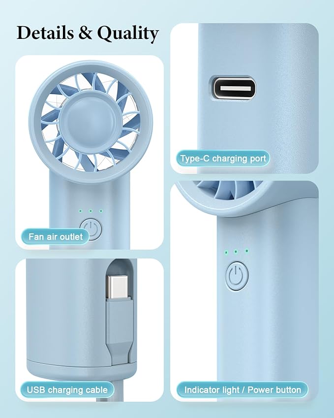 Portable Handheld Fan with Power Bank(High-Speed),3 IN 1 USB Rechargeable Mini Personal Fan with Flashlight,Small Size for Outdoor/Travel/Beach/Concerts/Summer.Gifts for Girl,Women.Blue