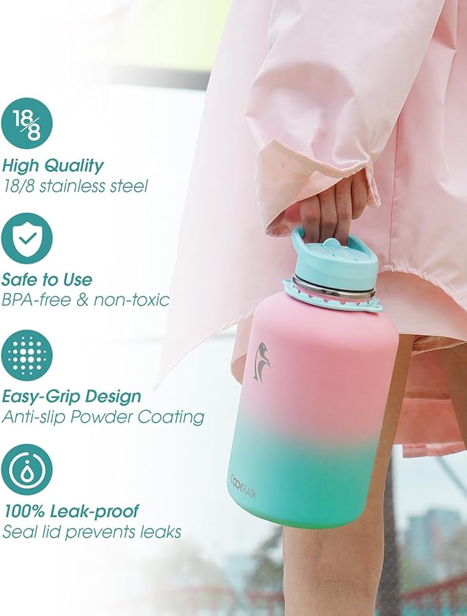 Coolflask Half Gallon Water Bottle with Strap, 64oz Insulated Water Jug Stainless Steel with Straw & Spout Lids, Metal Large Water Flask, Keep Cold 48h Hot 24h, Leak Proof, Non-BPA, Bubblegum Princess