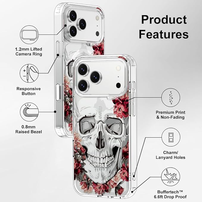 MOSNOVO for iPhone 17 Pro Max Case | Military Grade 6.6ft Drop Tested | Camera Control | Clear with Red Flower Skull Design