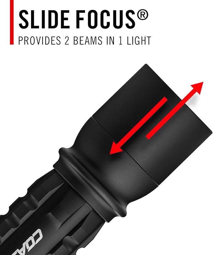 Coast XP11R 2600 Lumen USB-C Rechargeable LED Flashlight with Slide Focus® and Pure Beam® Focusing Optic, 4 Light Modes, Black