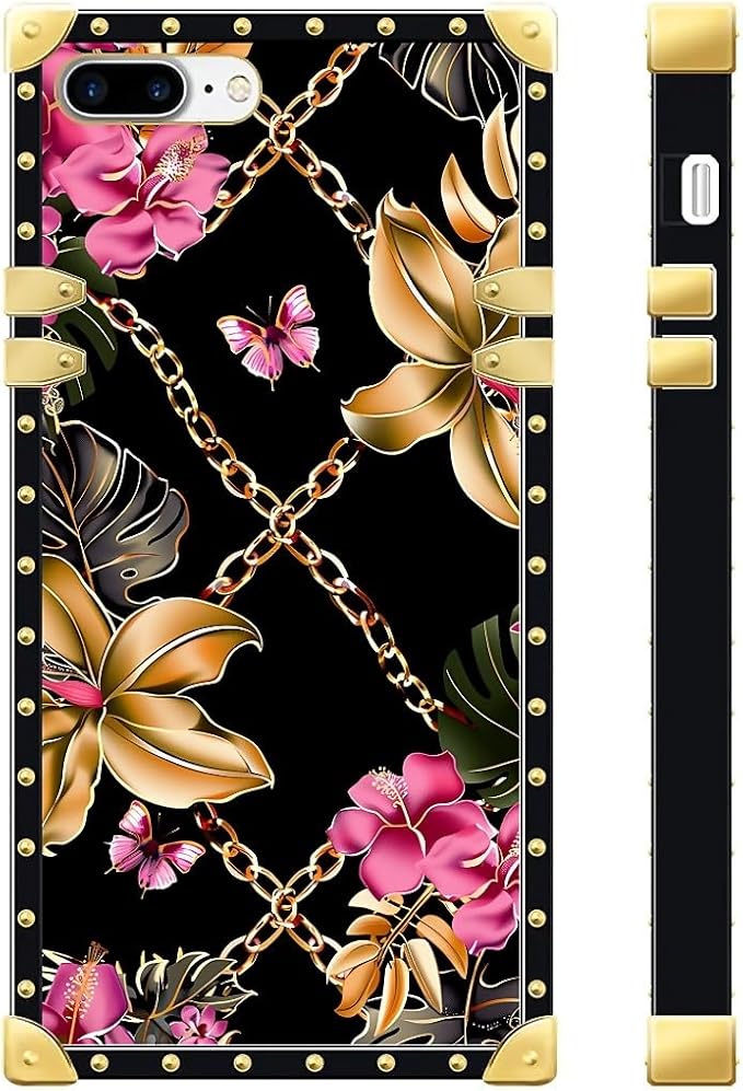 Compatible with iPhone 8 7 SE Case, Pink Golden Chain Tropical Flower Luxury Golden Decoration for Girl Women Soft TPU Shockproof Protective Hard PC Back for iPhone 8 7 SE