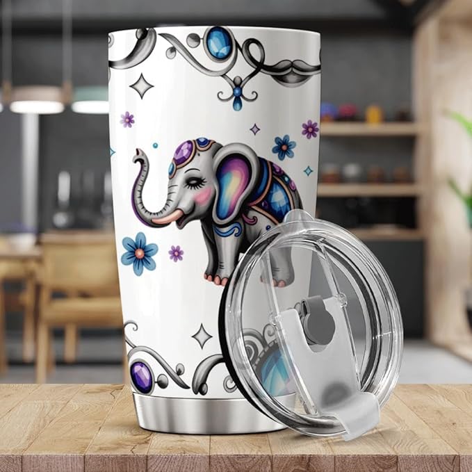 Cute Colorful Elephant With Floral Jewel Design Stainless Steel Tumbler For Lovers Women Gifts 20 Oz Heat Insulated Tea Hot Bottle Iced Coffee Outdoor Drink Travel Cool