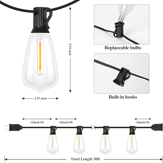 Brightever 30FT LED Outdoor String Light with 16 ST38 Vintage Edison Shatterproof Bulbs, Commercial Grade Patio Lights Connectable, Waterproof Hanging Lights for Balcony, Backyard, Warm White