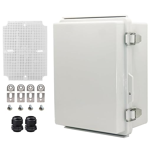 Waterproof Electrical Box with Mounting Plate, IP67 Junction Box Stainless Steel Latch Hinged Grey Cover Project Enclosure with Wall Bracket and 2 Glands 8.3" x 6.3" x 3.9"