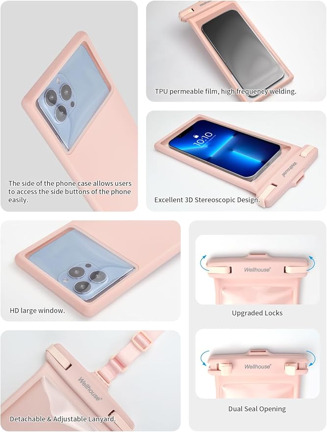 wellhouse Waterproof Phone Pouch, Waterproof Phone Case for iPhone 17 16 15 14 13 Pro Max XS Samsung, IPX8 3D Cellphone Dry Bag Beach Essentials (1 Pack - Pink8.0, 8 inch)