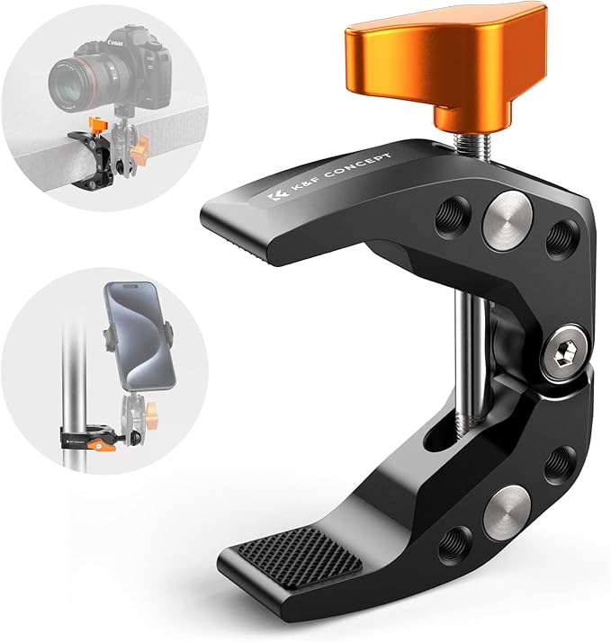 K&F CONCEPT Camera Mount Clamp, Super Crab Clamp with 1/4" Thread Holes, 60mm Max Opening for Round Pipe Flat Surface, Monitors, LED Lights, and Other Photographic Accessories