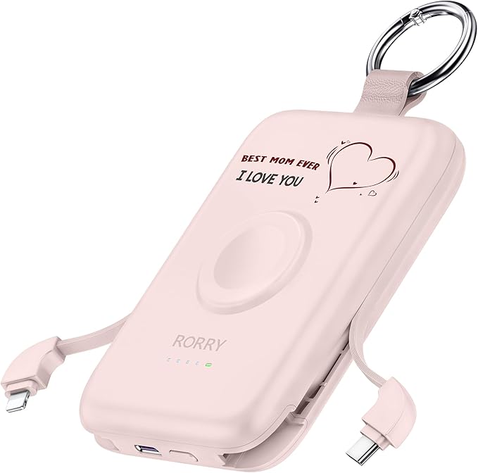 RORRY Portable Charger, 10000mAh PD 20W Fast Charging Portable Charger Power Bank with Built in Cables, Travel Battery Pack for iPhone and Apple Watch Ultra/11/10/9/8/7/6/5, Mom-Pink