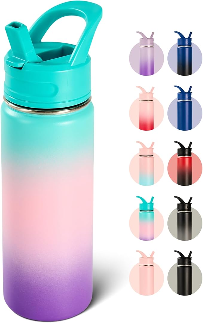Fijinhom 18oz Insulated Stainless Steel Water Bottle with Straws, Double Wall Vacuum Insulated Bottles, Metal Thermo for Travel, Sports, Leak-Proof, BPA Free, Women & Men, Color Gradient