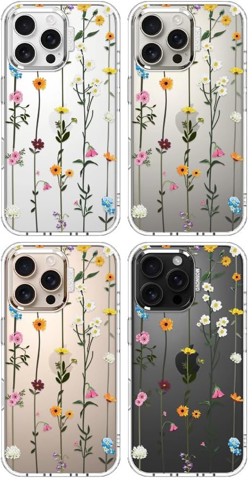 MOSNOVO Case for iPhone 16 Pro Max, [Buffertech 6.6ft Military-Grade Drop Protection] [Anti Peel Off Tech] Clear TPU Bumper Phone Case Cover Design - Wildflowers