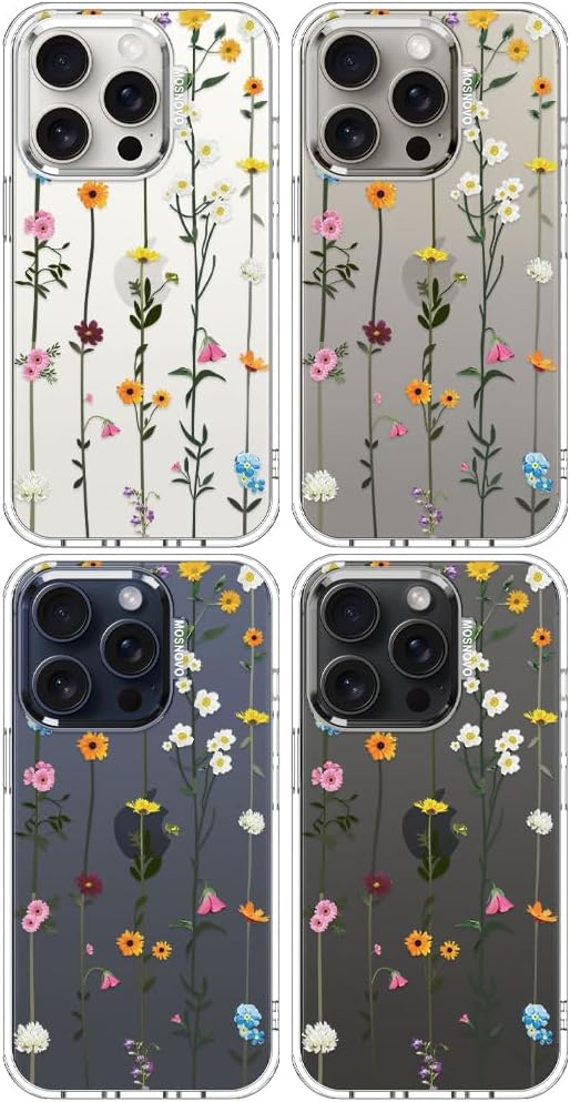 MOSNOVO Case for iPhone 15 Pro, [Buffertech 6.6ft Military-Grade Drop Protection] [Anti Peel Off Tech] Clear TPU Bumper Phone Case Cover Design - Wildflowers