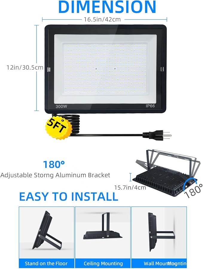 300W LED Flood Light Outdoor, 2Pack 30000LM Super Bright, IP66 Waterproof Outside Work Lights, 6500K Daylight White Security Lights, Plug in Flood Light for Yard Garage Garden Patio